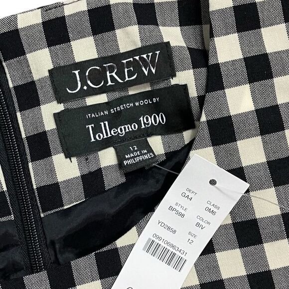 J Crew Dress WMNS 12 Cream Gingham Wool Blend Short-sleeve Mini Pockets Black - Picture 4 of 14